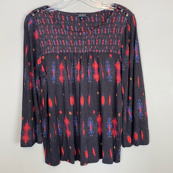 Lucky Brand Womens Aztec Print Balloon Hem Top Size Small Button Detail Artsy - Picture 2 of 10